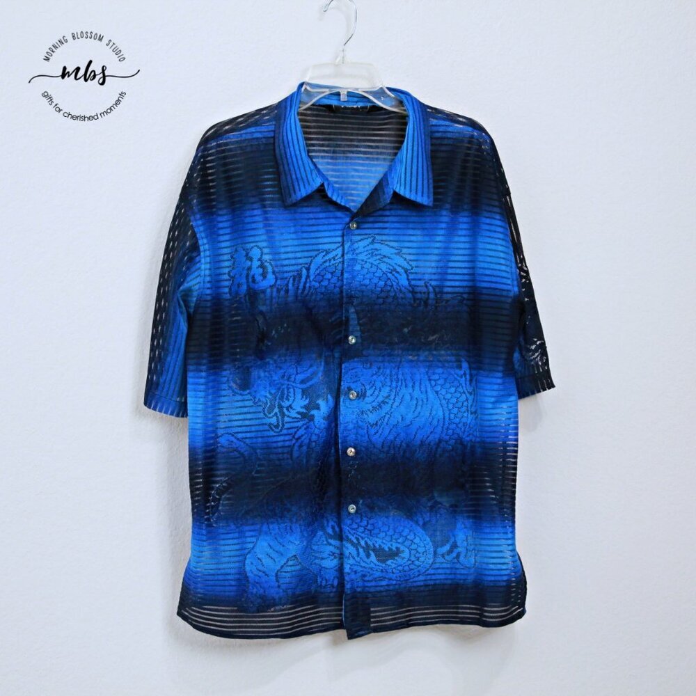 Trust Club Couture Collection VTG 90s Mesh Dragon Tiger Shirt Blue Men XL